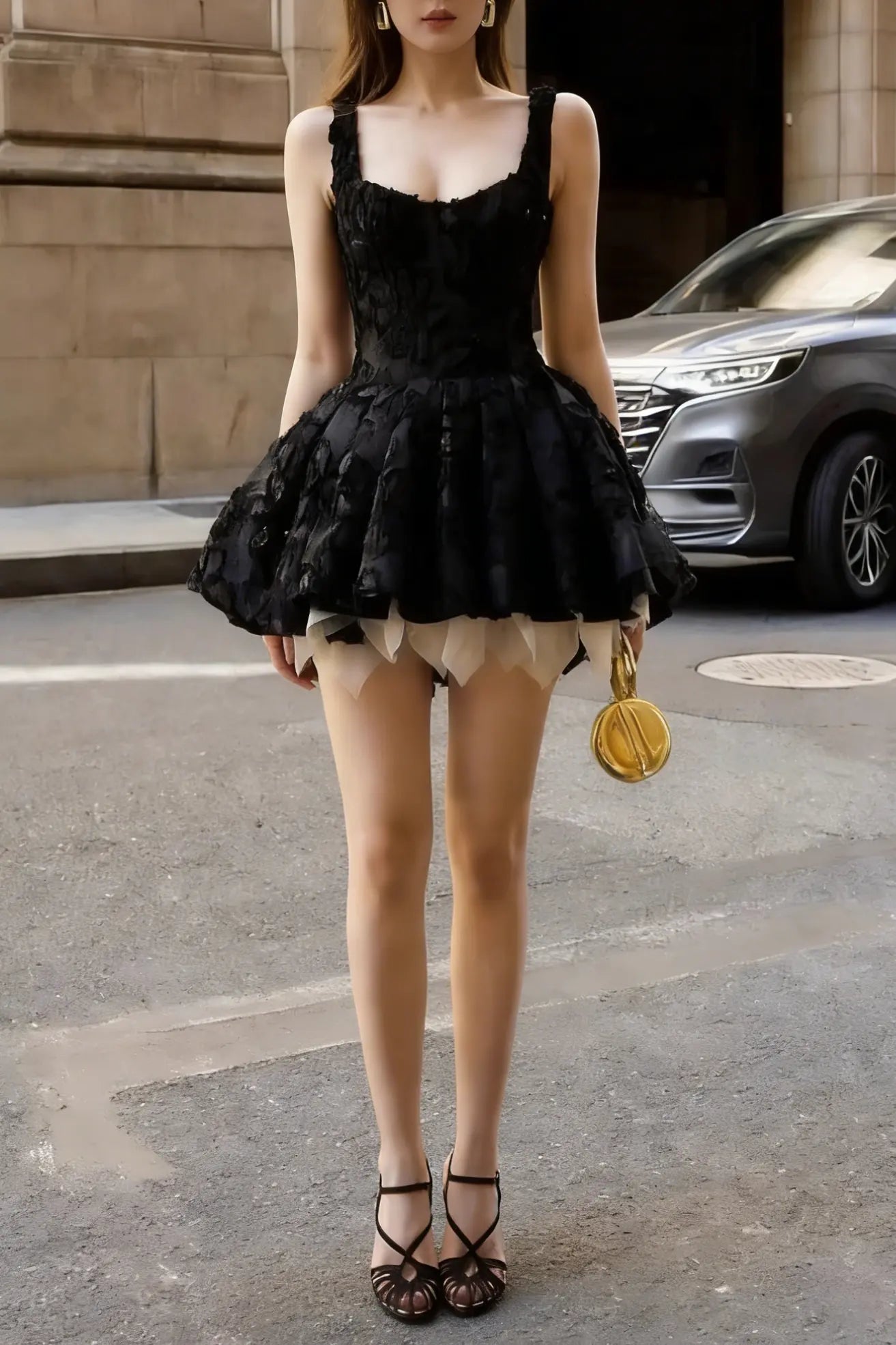 vera sequin embellishment lace puffy mini dress in black Avalabel