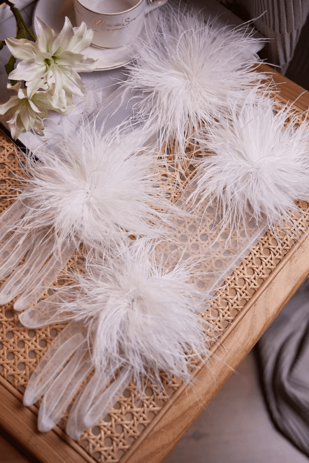 Fluffy Feather Decor Sheer Tulle Long Gloves Avalabel
