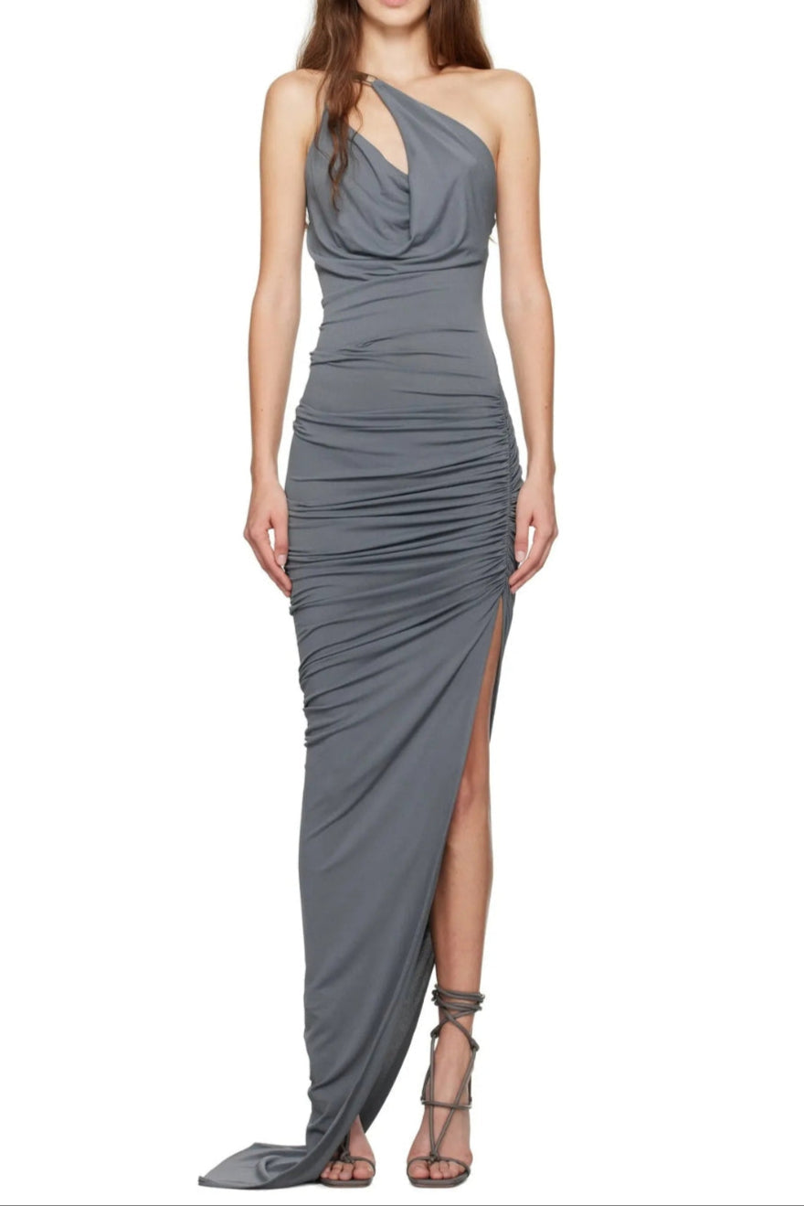 One-Shoulder Sleeveless Ruched Bodycon Maxi Dress in Grey Avalabel