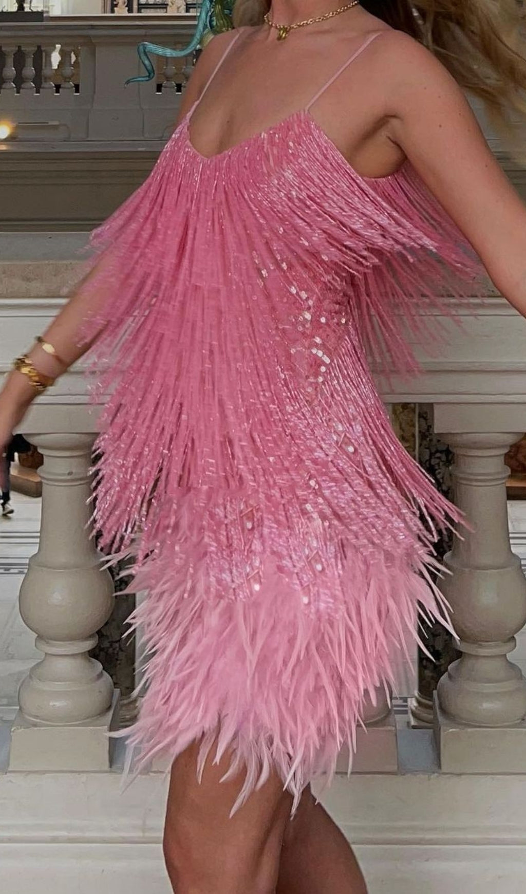 PINK TASSEL FEATHER MINI DRESS Avalabel