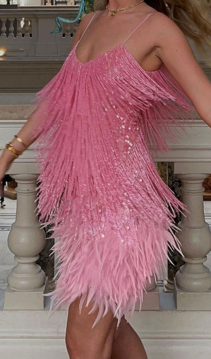 PINK TASSEL FEATHER MINI DRESS Avalabel