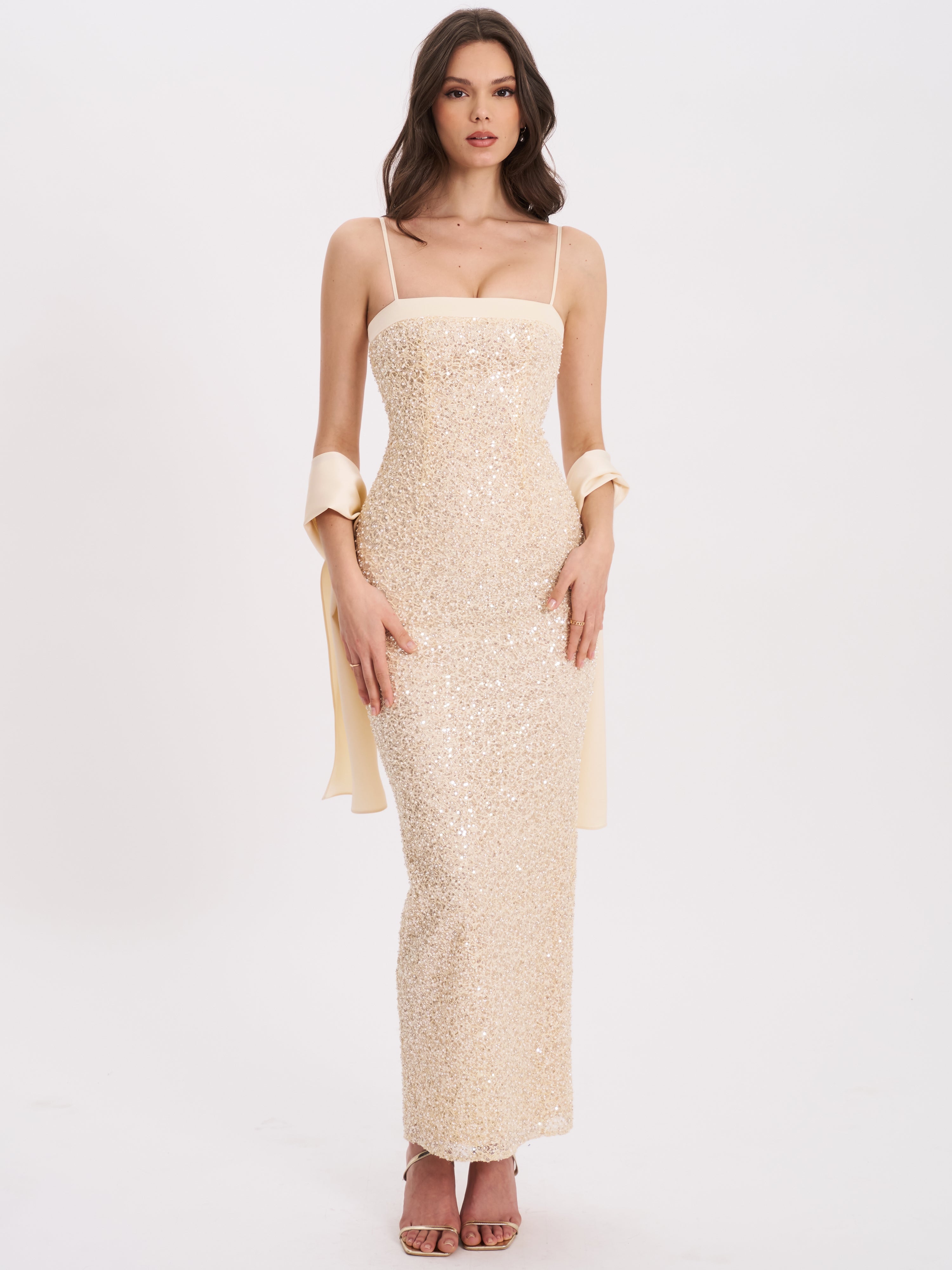 Raizel Gold Beaded Sequin Bodycon Gown with Scarf Avalabel