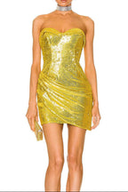 Hedwig Sequin Pleated Strapless Mini Dress in Gold Avalabel