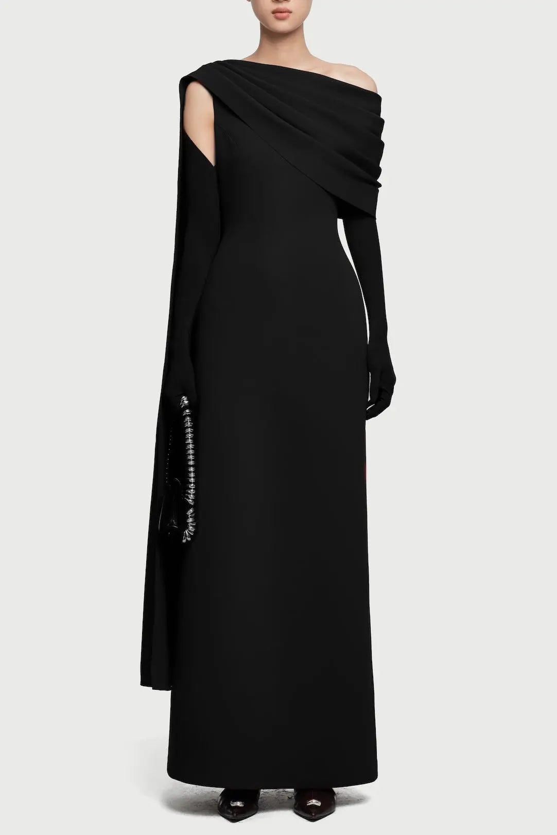 sibyl one-shoulder Knit asymmetrical pleated maxi dress in black Avalabel