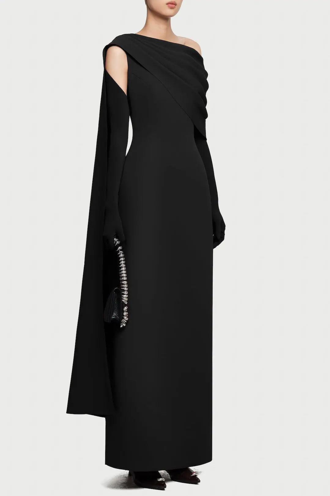 sibyl one-shoulder Knit asymmetrical pleated maxi dress in black Avalabel