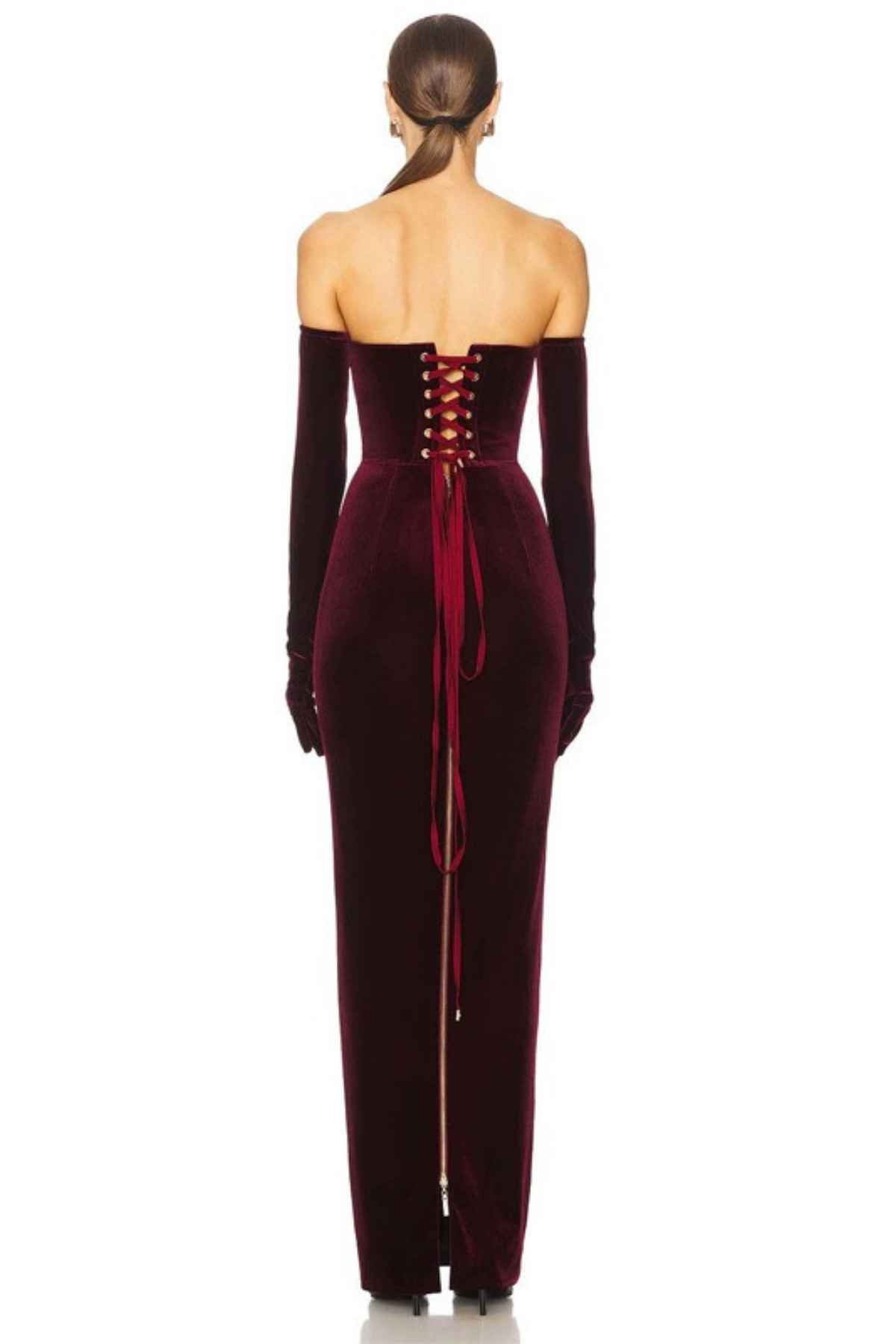 Diana Burgundy Strapless Velvet Maxi Dress with Long Gloves Avalabel