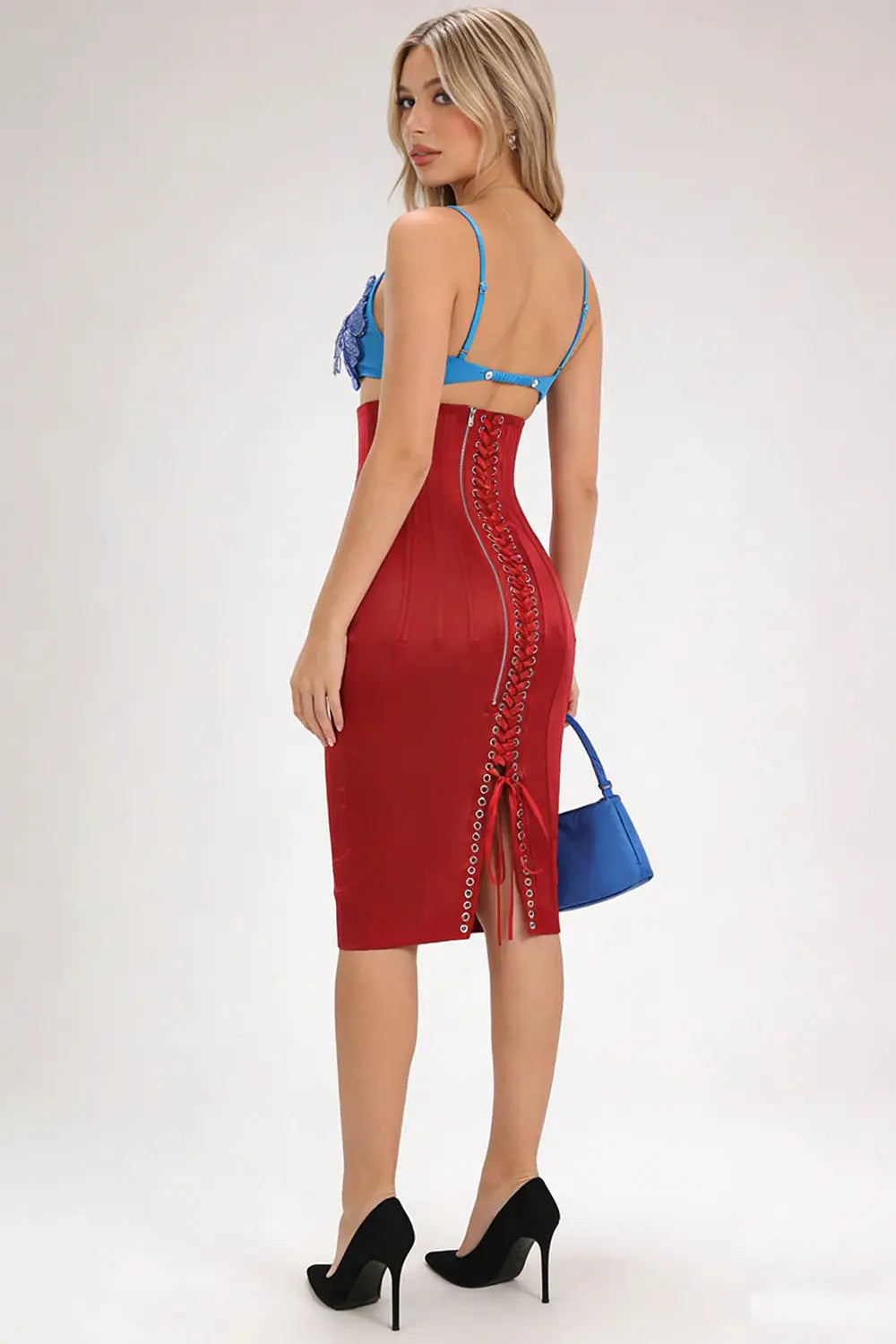 gwendolyn red Beaded Applique Lace-up mini Dress set Avalabel