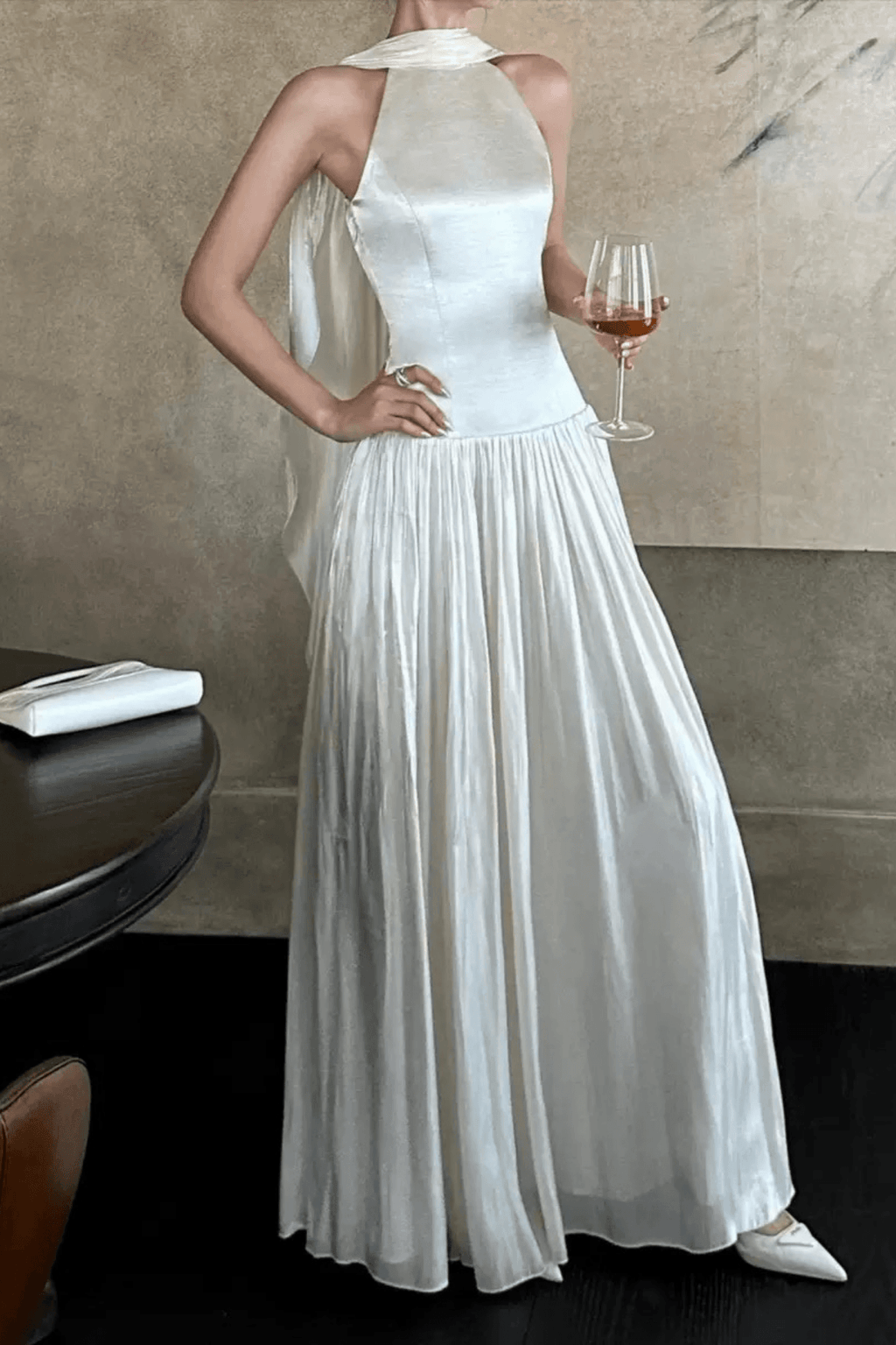 Sylvia White Cape Sleeve Pleated Maxi Dress Avalabel