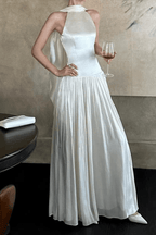 Sylvia White Cape Sleeve Pleated Maxi Dress Avalabel