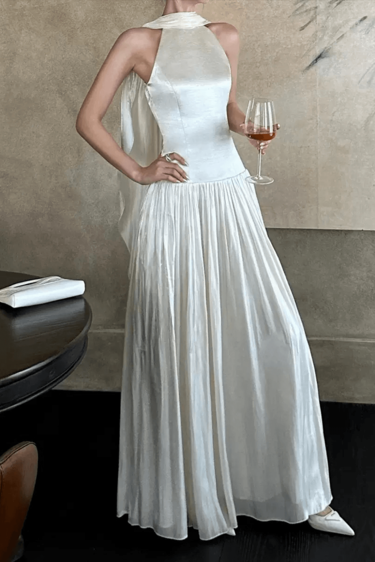 Sylvia White Cape Sleeve Pleated Maxi Dress Avalabel