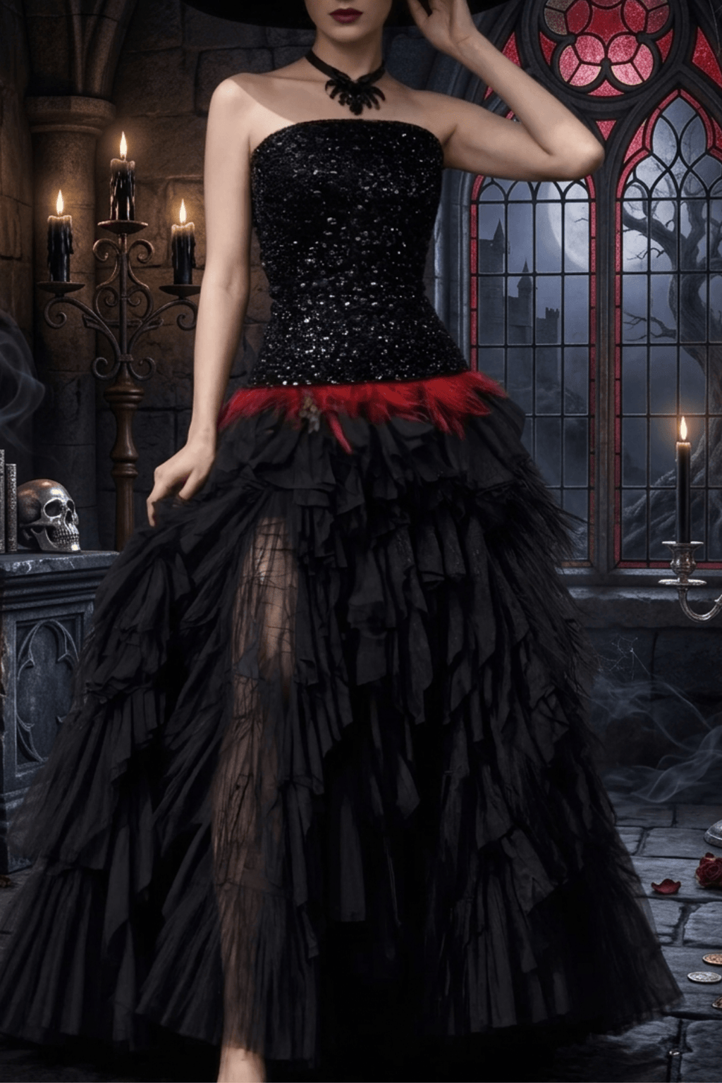 Ruby Gothic Strapless Sequin Bodice Ruffle Tulle Dress Avalabel