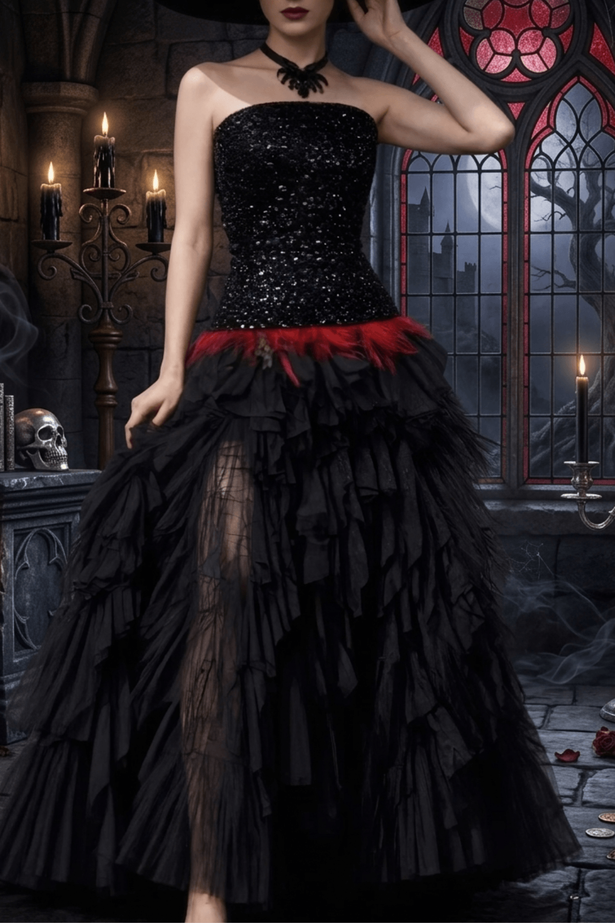 Ruby Gothic Strapless Sequin Bodice Ruffle Tulle Dress Avalabel