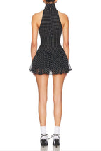 Polka Silk Chiffon Sleeveless Halter Mini Dress in Black Avalabel