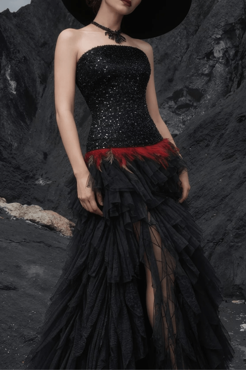 Ruby Gothic Strapless Sequin Bodice Ruffle Tulle Dress Avalabel