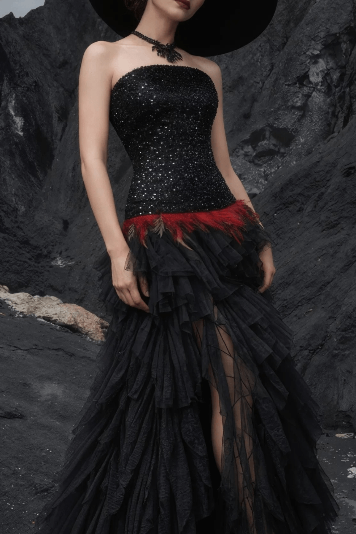 Ruby Gothic Strapless Sequin Bodice Ruffle Tulle Dress Avalabel
