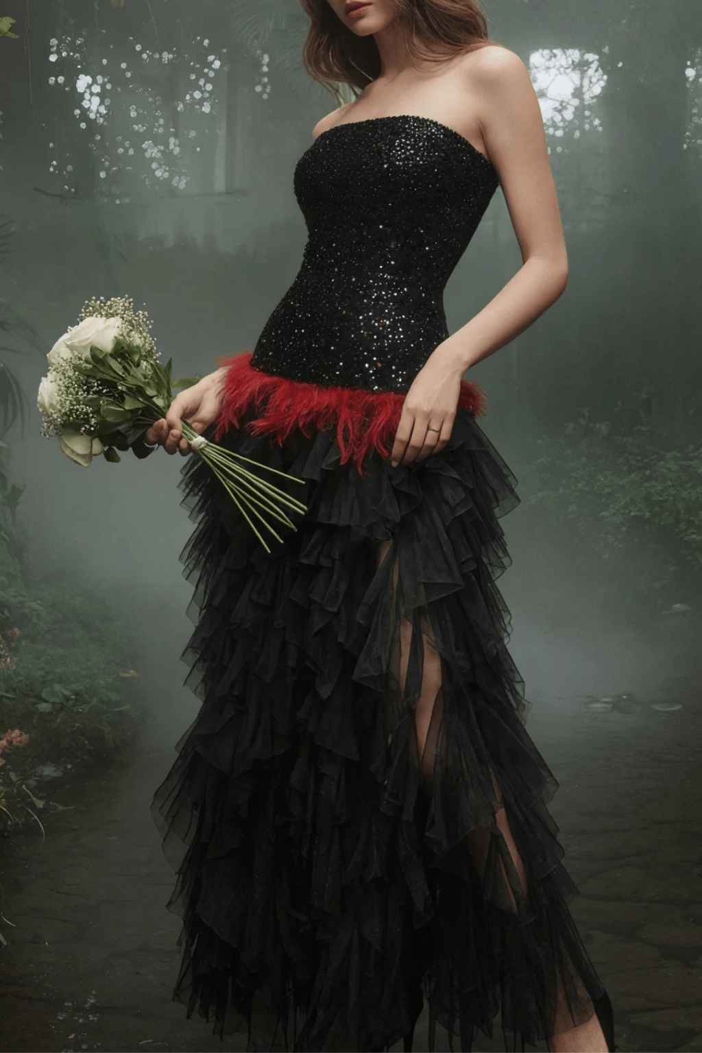 Ruby Gothic Strapless Sequin Bodice Ruffle Tulle Dress Avalabel