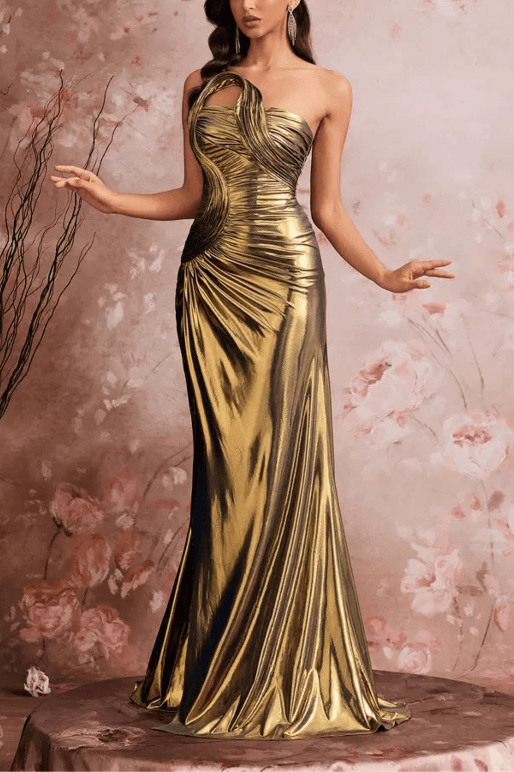 Rita Gold Metallic One‑Shoulder Mermaid Evening Gown Avalabel