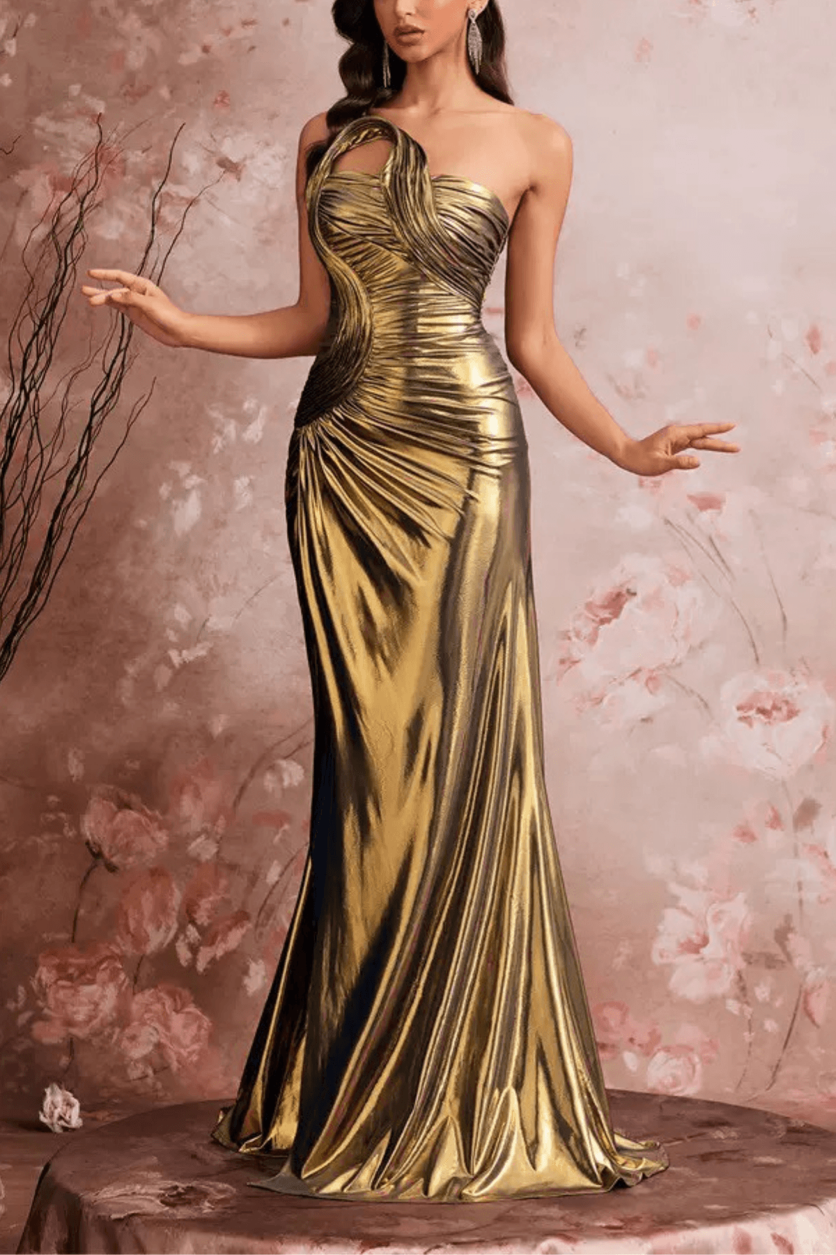 Rita Gold Metallic One‑Shoulder Mermaid Evening Gown Avalabel