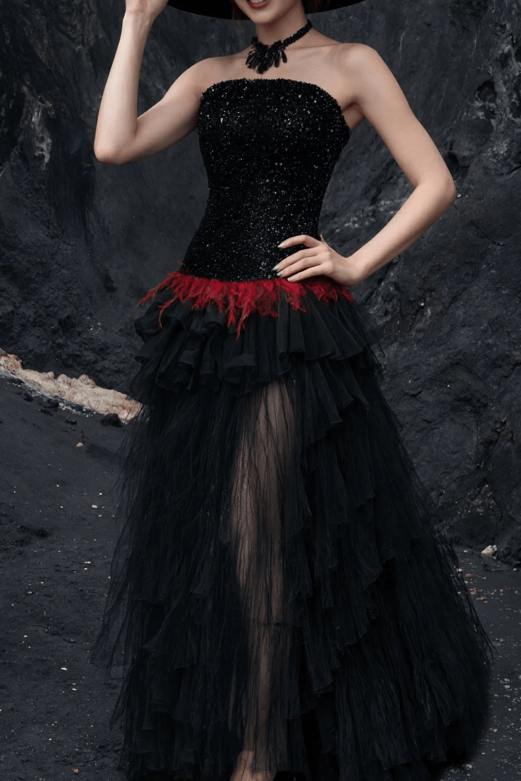 Ruby Gothic Strapless Sequin Bodice Ruffle Tulle Dress Avalabel