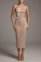 Joe Strapless Rhinestone Grid Flower Midi Dress Avalabel