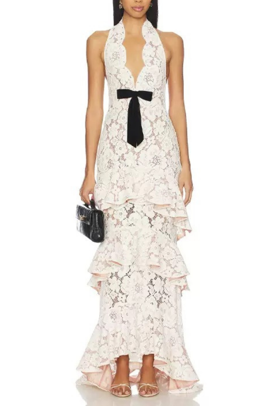 Nina White Lace Halter Neck Bow Tiered Ruffle Dress Avalabel