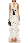Nina White Lace Halter Neck Bow Tiered Ruffle Dress Avalabel
