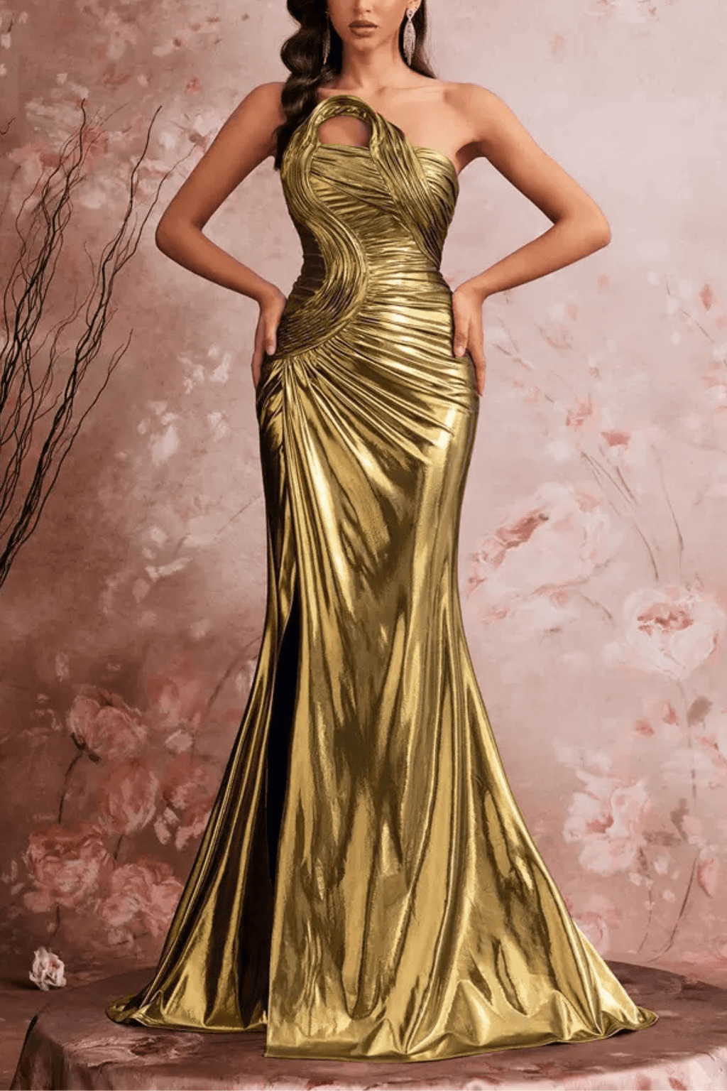 Rita Gold Metallic One‑Shoulder Mermaid Evening Gown Avalabel