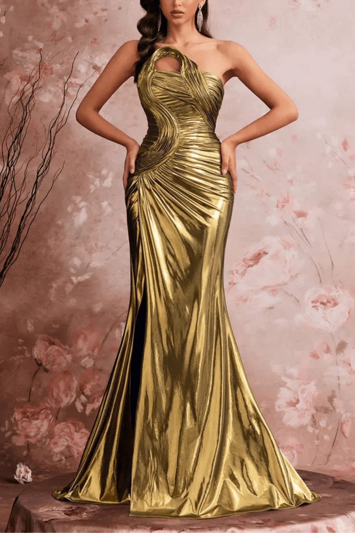 Rita Gold Metallic One‑Shoulder Mermaid Evening Gown Avalabel