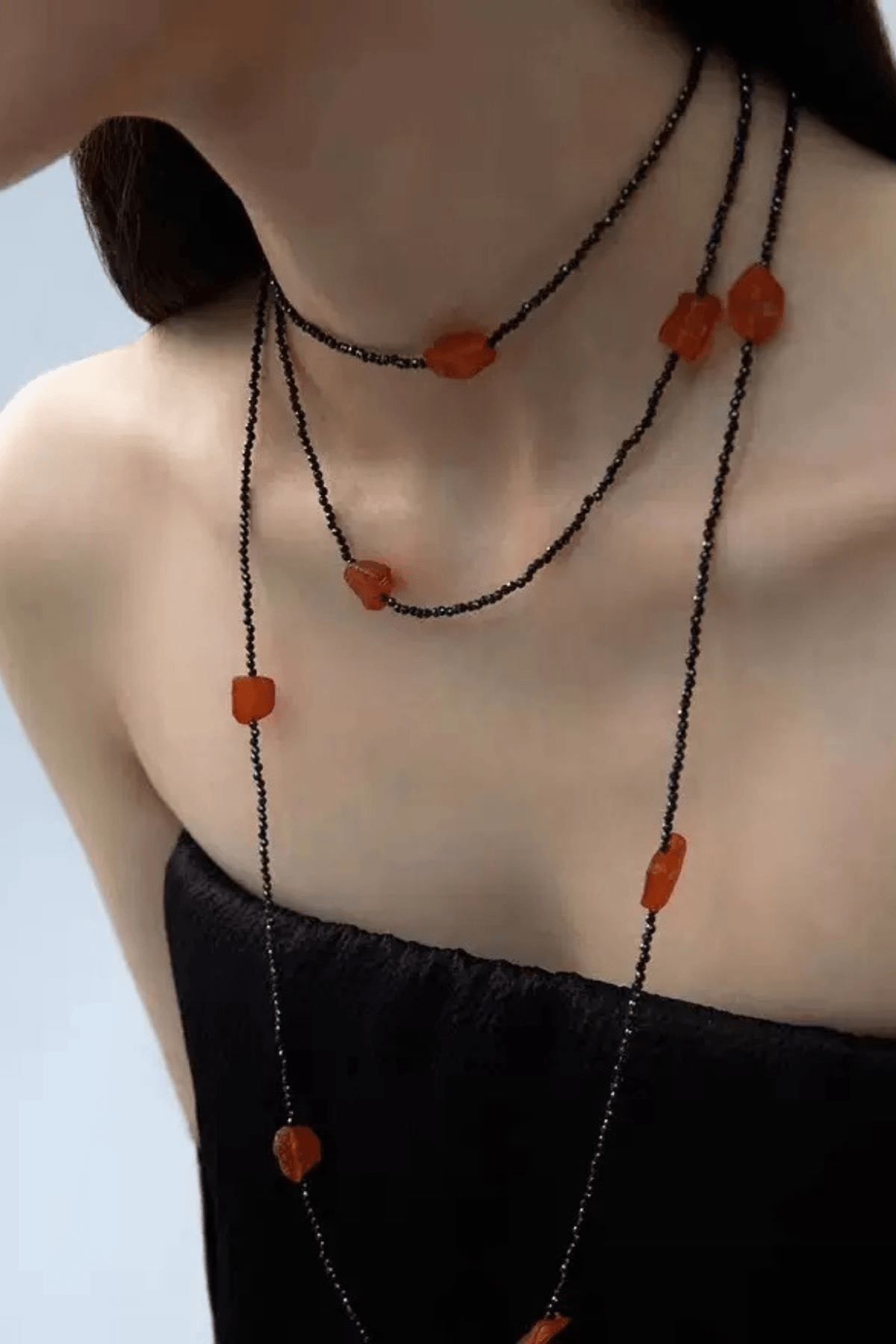 Black Chain Orange Raw Stone Layered Necklace Avalabel