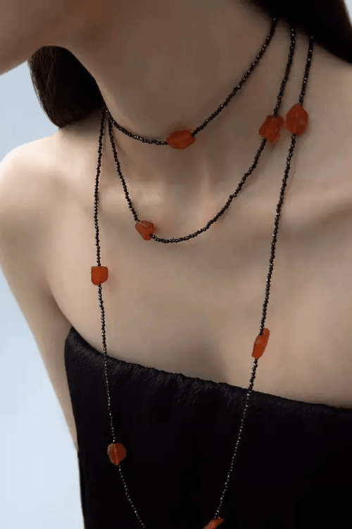 Black Chain Orange Raw Stone Layered Necklace Avalabel