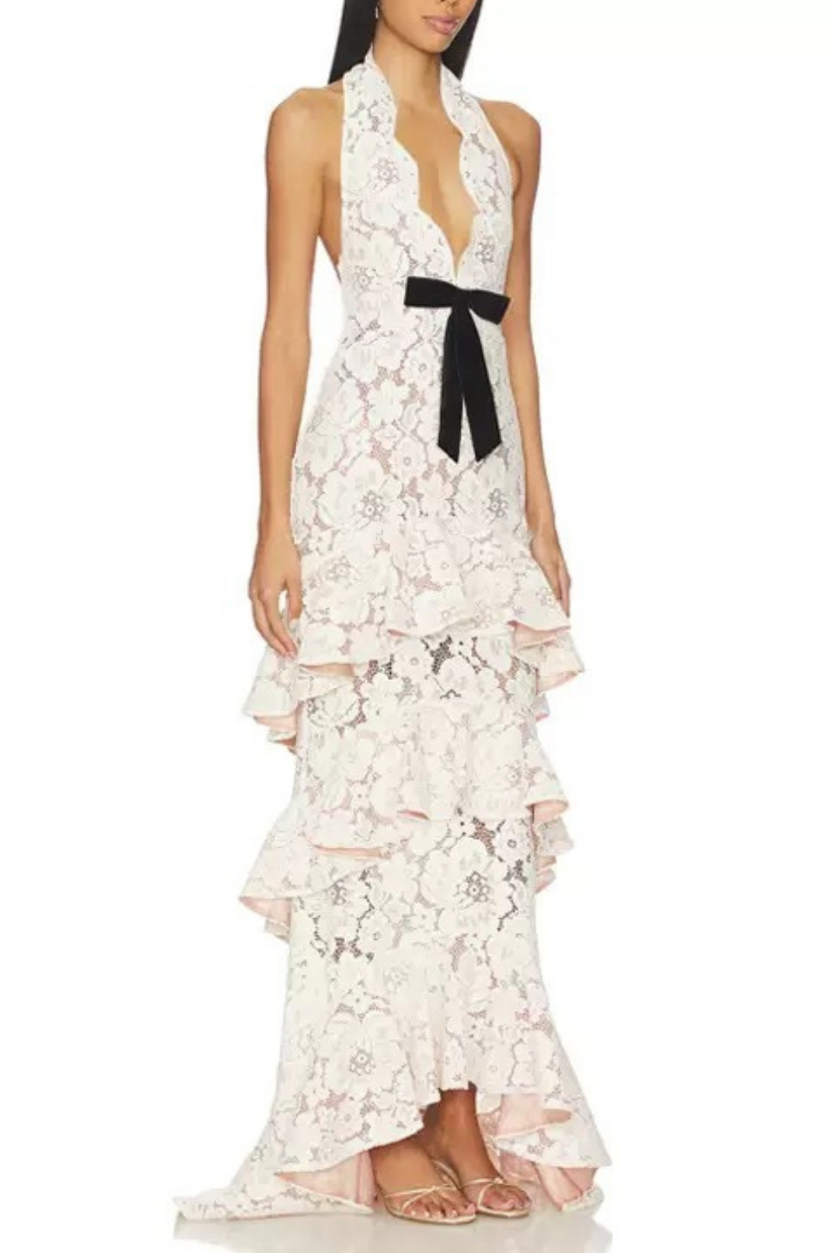 Nina White Lace Halter Neck Bow Tiered Ruffle Dress Avalabel