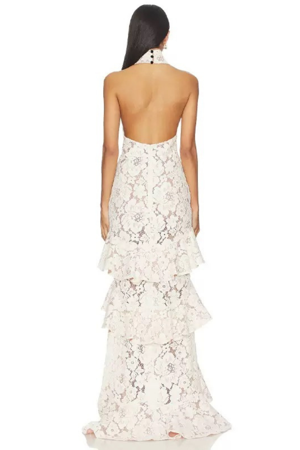 Nina White Lace Halter Neck Bow Tiered Ruffle Dress Avalabel