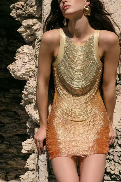 Maren Halter Ombre Metallic Fringe Asymmetrical Mini Dress