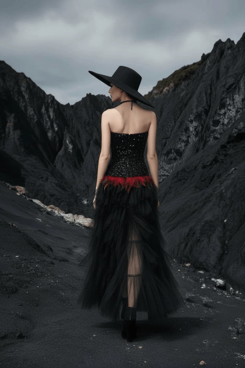 Ruby Gothic Strapless Sequin Bodice Ruffle Tulle Dress Avalabel