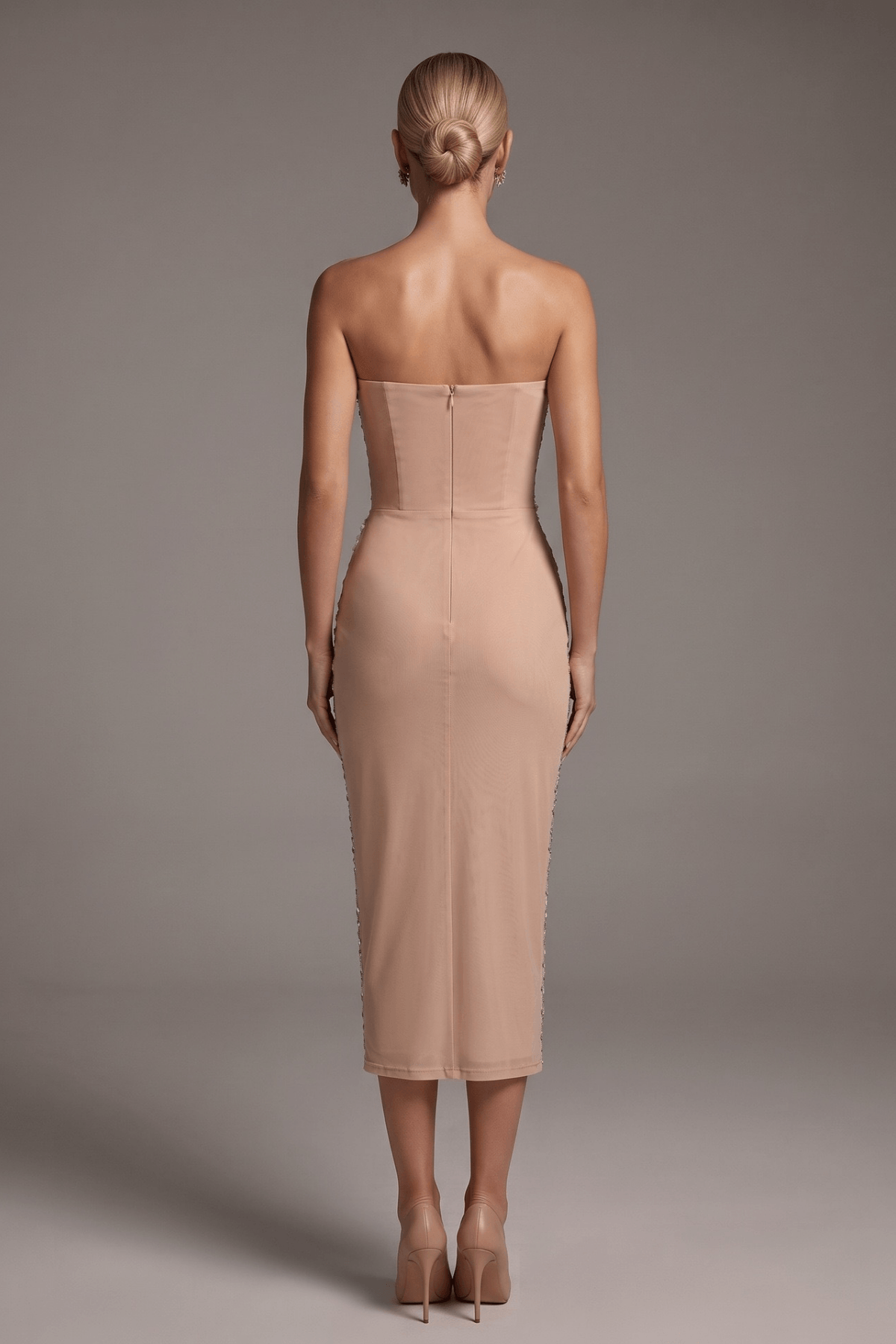 Joe Strapless Rhinestone Grid Flower Midi Dress Avalabel