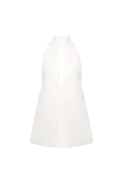 V-Neck Cutout Backless Crepe Halter Dress - White