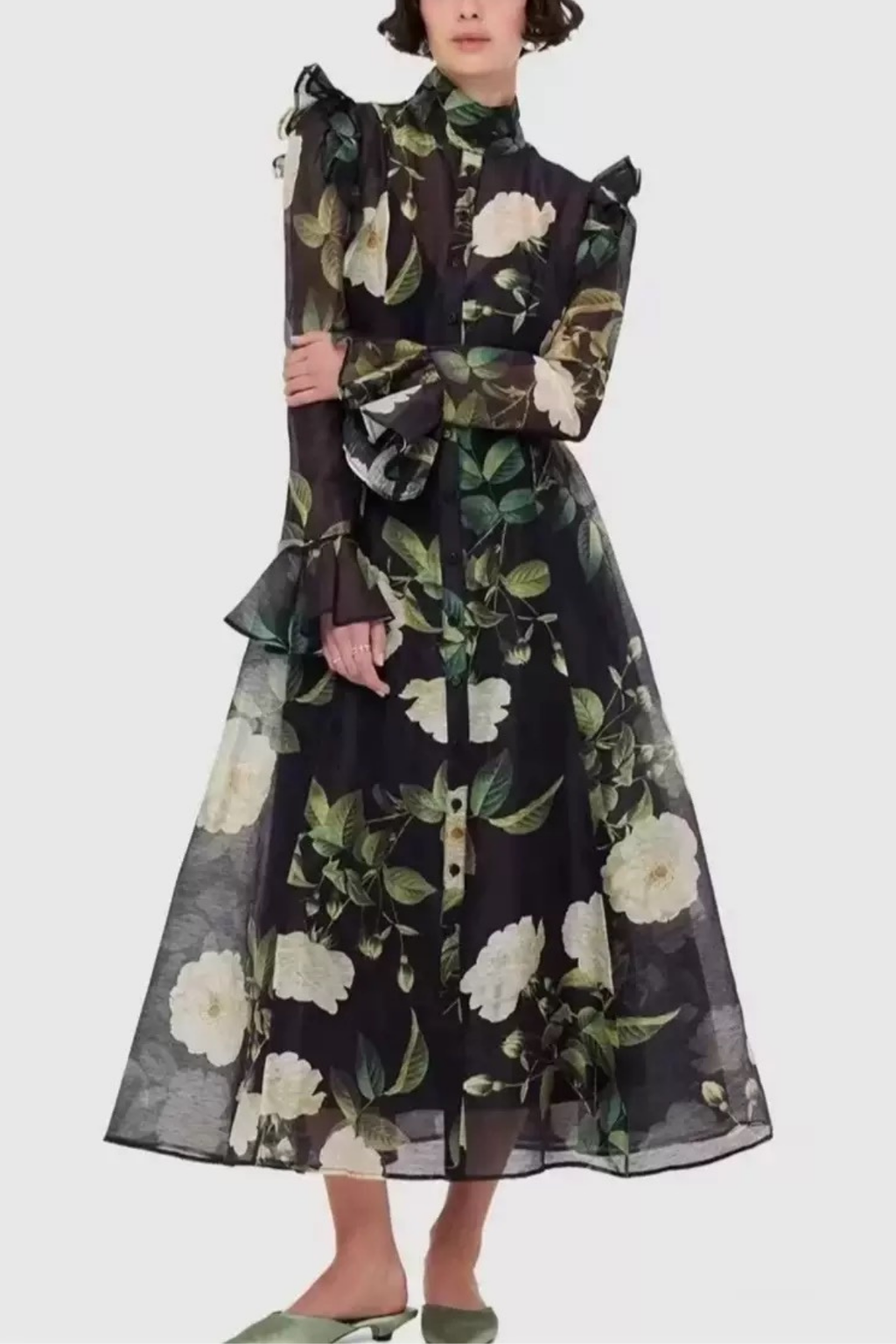 Daisy Print Butterfly Sleeve Midi Dress in Black Avalabel
