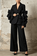 Aura Black Ruffle Bow Sleeve Blazer Pants Set Avalabel