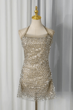 Eden Champagne Sequin Ruched Mini Dress Avalabel