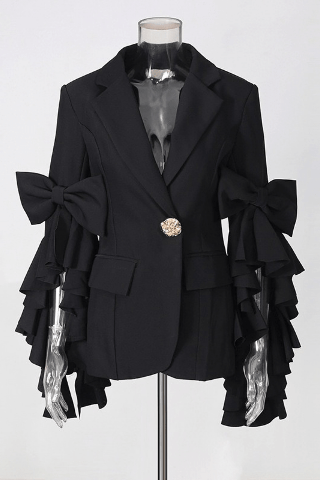 Aura Black Ruffle Bow Sleeve Blazer Pants Set Avalabel