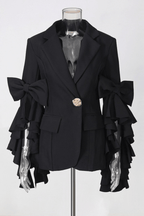 Aura Black Ruffle Bow Sleeve Blazer Pants Set Avalabel