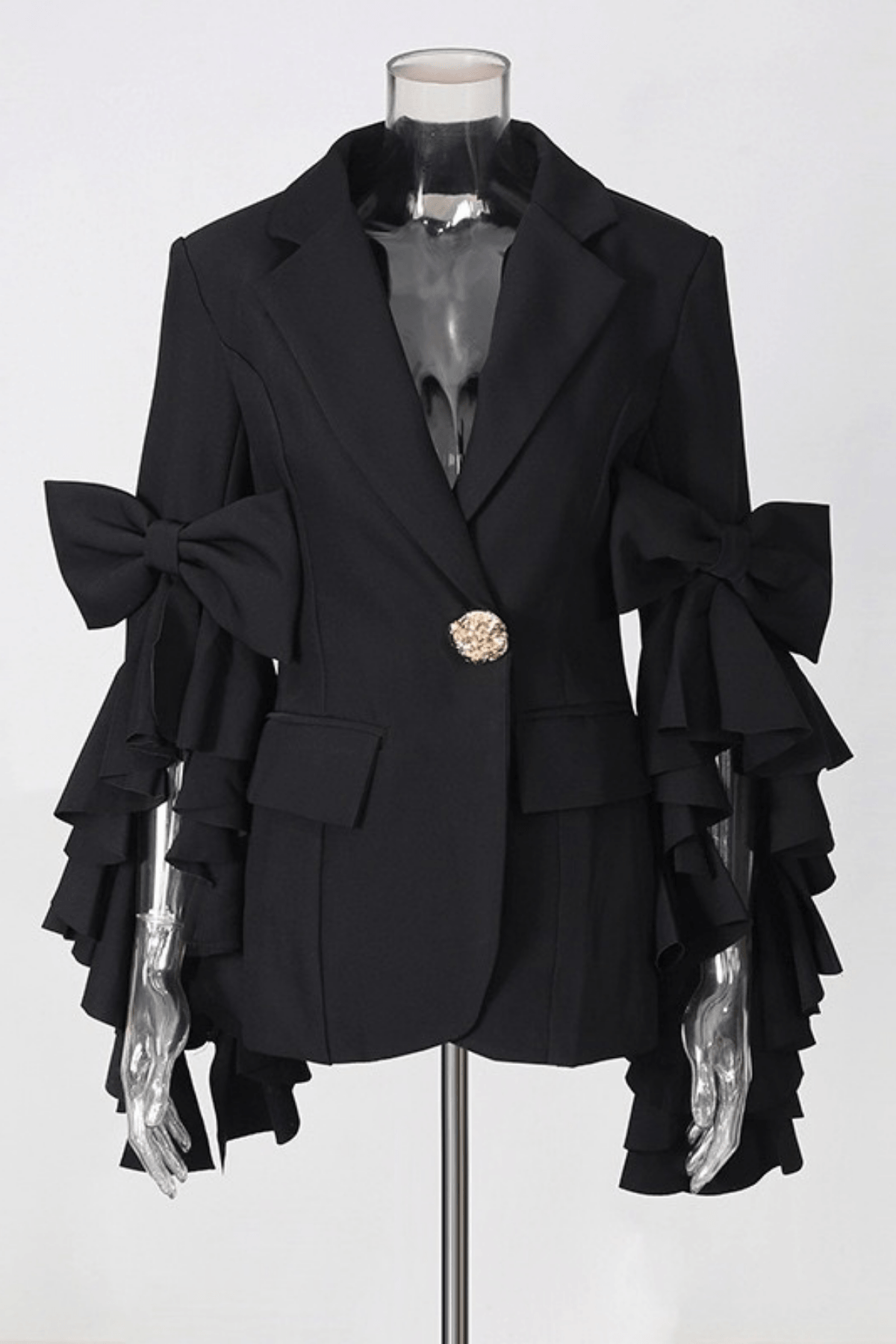 Aura Black Ruffle Bow Sleeve Blazer Pants Set Avalabel