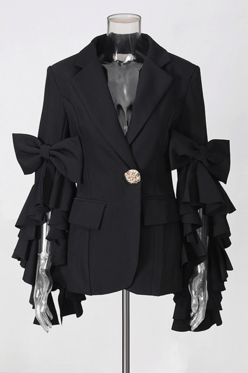 Aura Black Ruffle Bow Sleeve Blazer Pants Set Avalabel