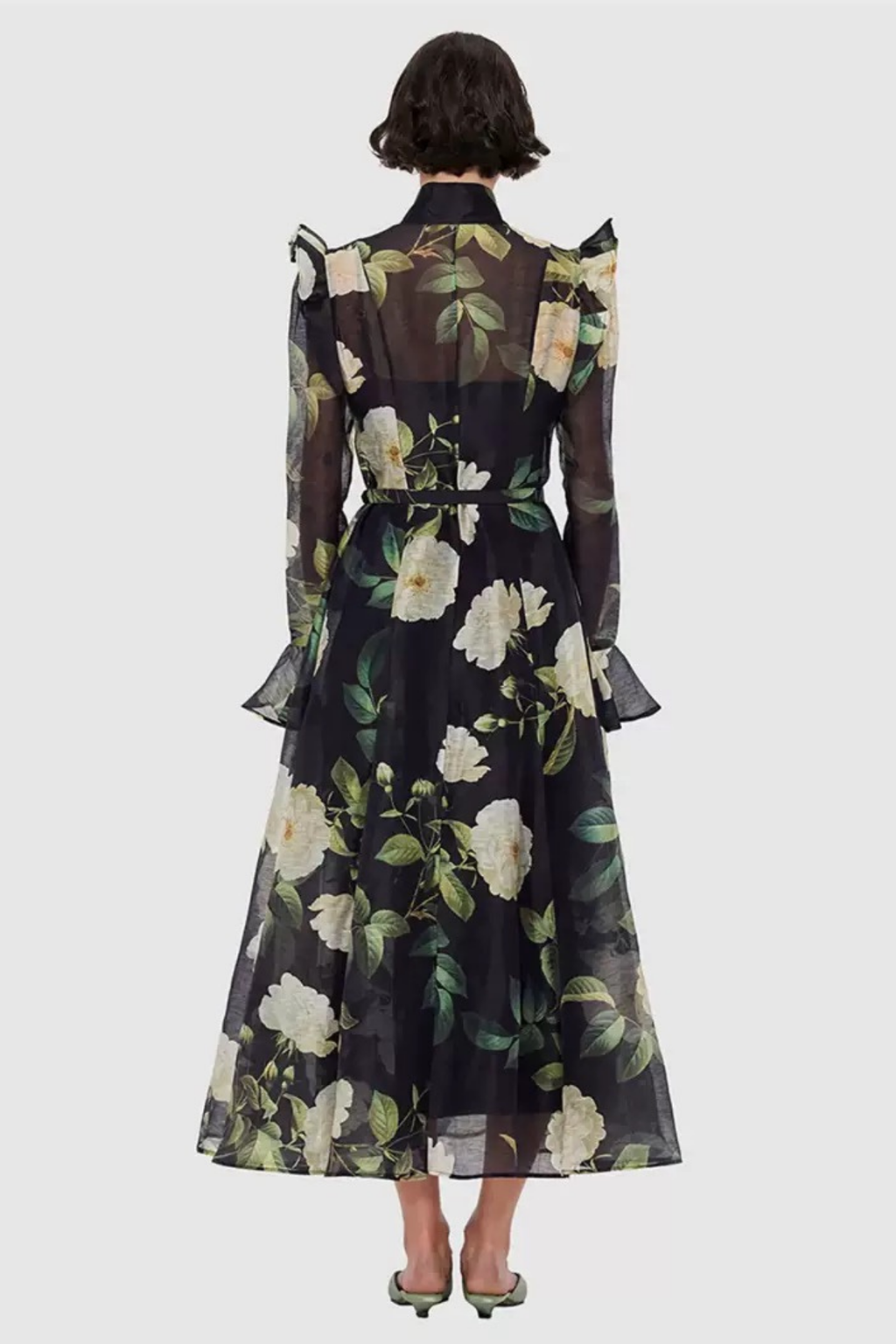 Daisy Print Butterfly Sleeve Midi Dress in Black Avalabel