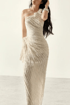 Blair One Shoulder 3D Floral Ruched Textured Lace Slit Maxi Dress - Avalabel