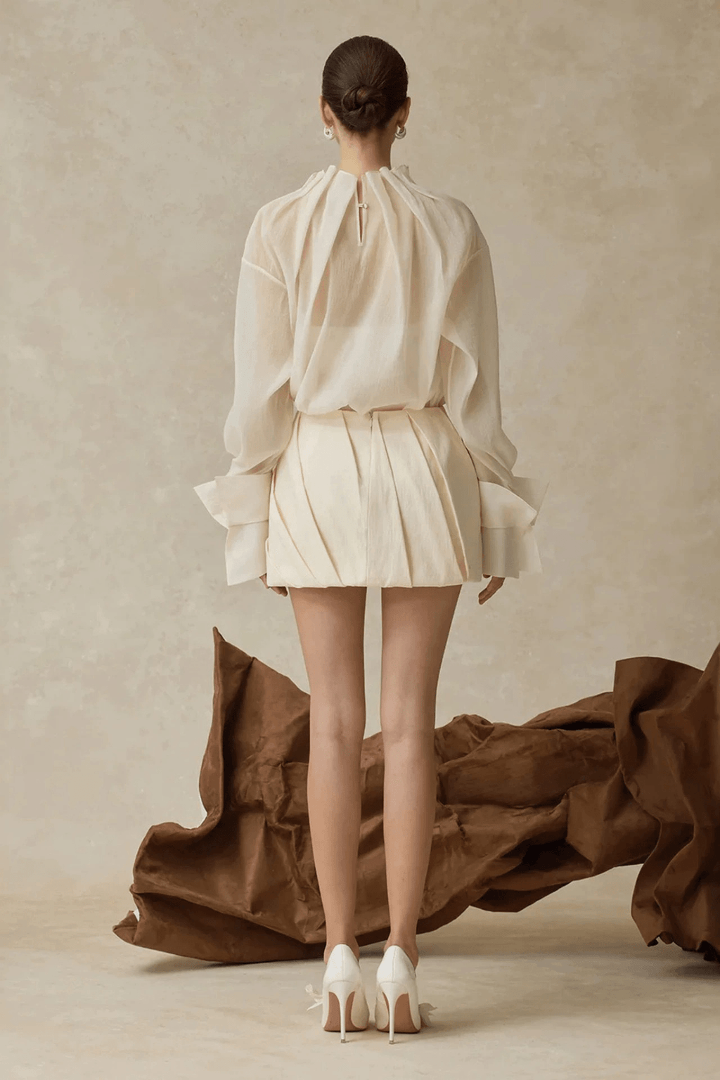 Ivory Bow Detail Long Sleeve Two Piece Skirt Set Avalabel