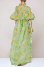 Elara Pastel Green Watercolor Floral Ruffle Dress with Puff Sleeves Avalabel