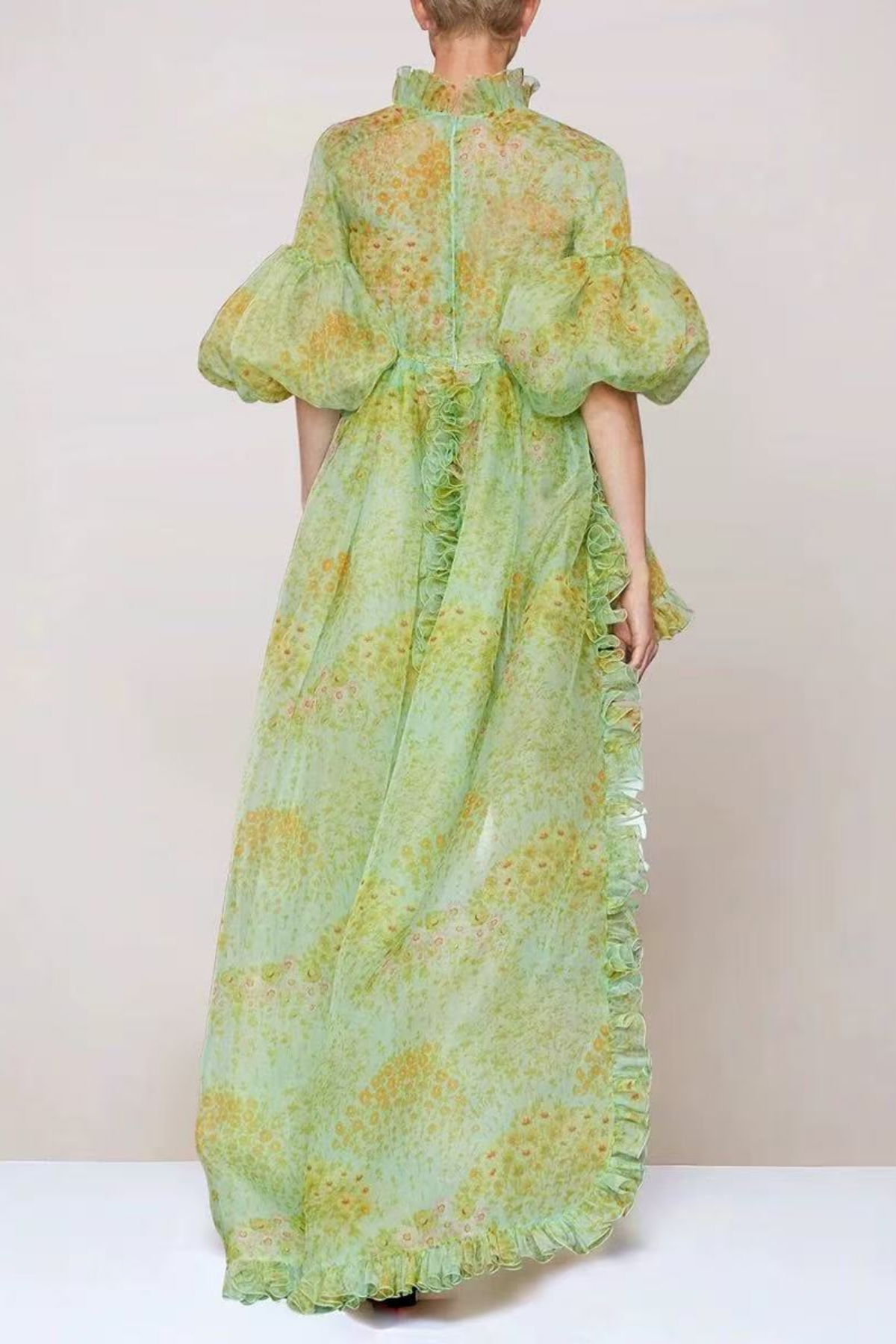 Elara Pastel Green Watercolor Floral Ruffle Dress with Puff Sleeves Avalabel