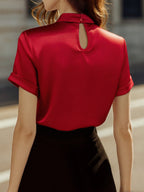 Sophisticated White Satin Blouse with Modern Keyhole Neckline Avalabel