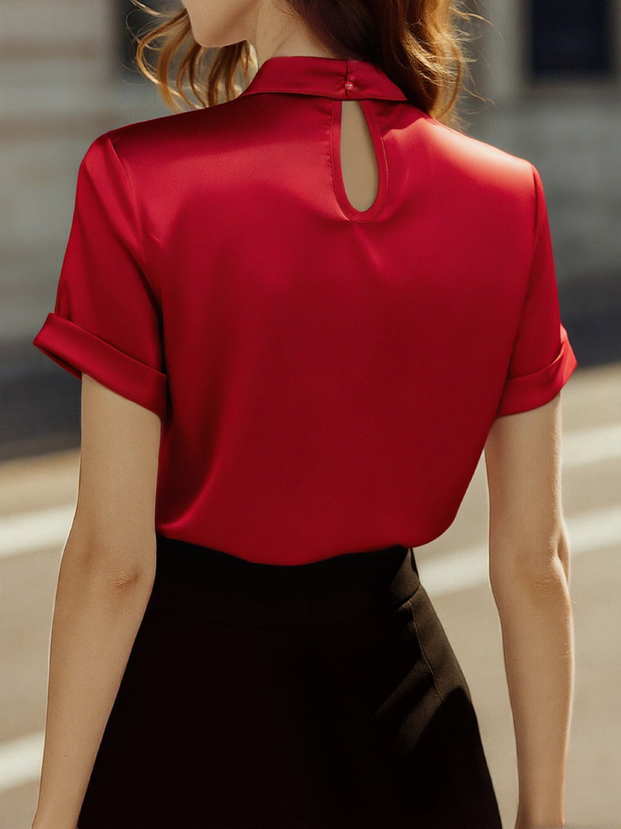 Sophisticated White Satin Blouse with Modern Keyhole Neckline Avalabel